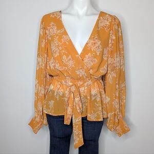 LoveColette Orange Cream Floral V Neck Peplum Tie Waist Chiffon Blouse M